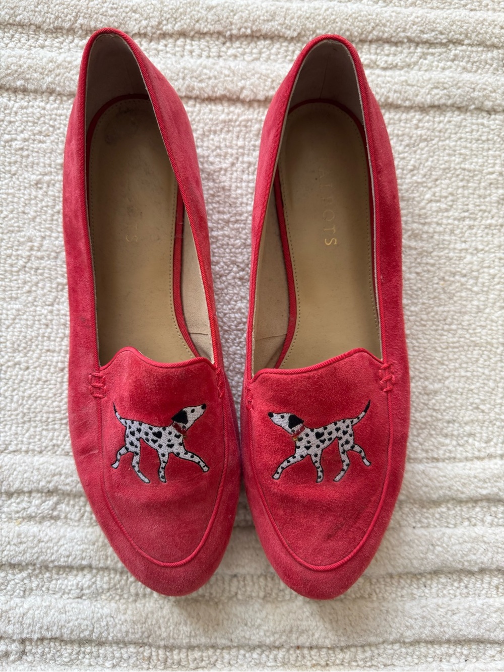 Red Suede Women's Loafers with Dalmatian Embroidery